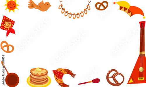 Maslenitsa frame. Shrovetide. Maslenitsa elements - pancake, balalaika, sun, bagels, kokoshnik. Pancake week. Vector cartoon illustration.