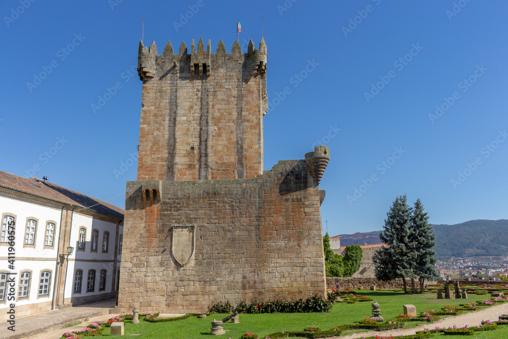 Chaves, Portugal, September 6, 2020: The Tower of Homage, symbol of the powerful Castle of Chaves. Built by Dom Dinis, this castle has had great importance in the Defense military of Northern Portugal