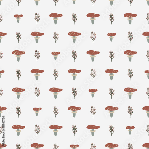 Seamless pattern with cute mushrooms and plants for stationery, textile, fabric, decoration, wrapping paper