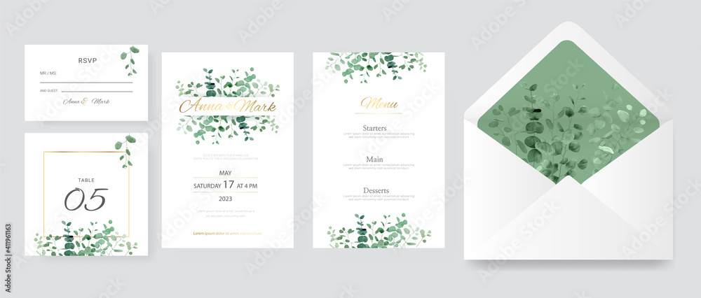 Eucalyptus wedding invitation cards template with watercolor herbs leaves decorative.
