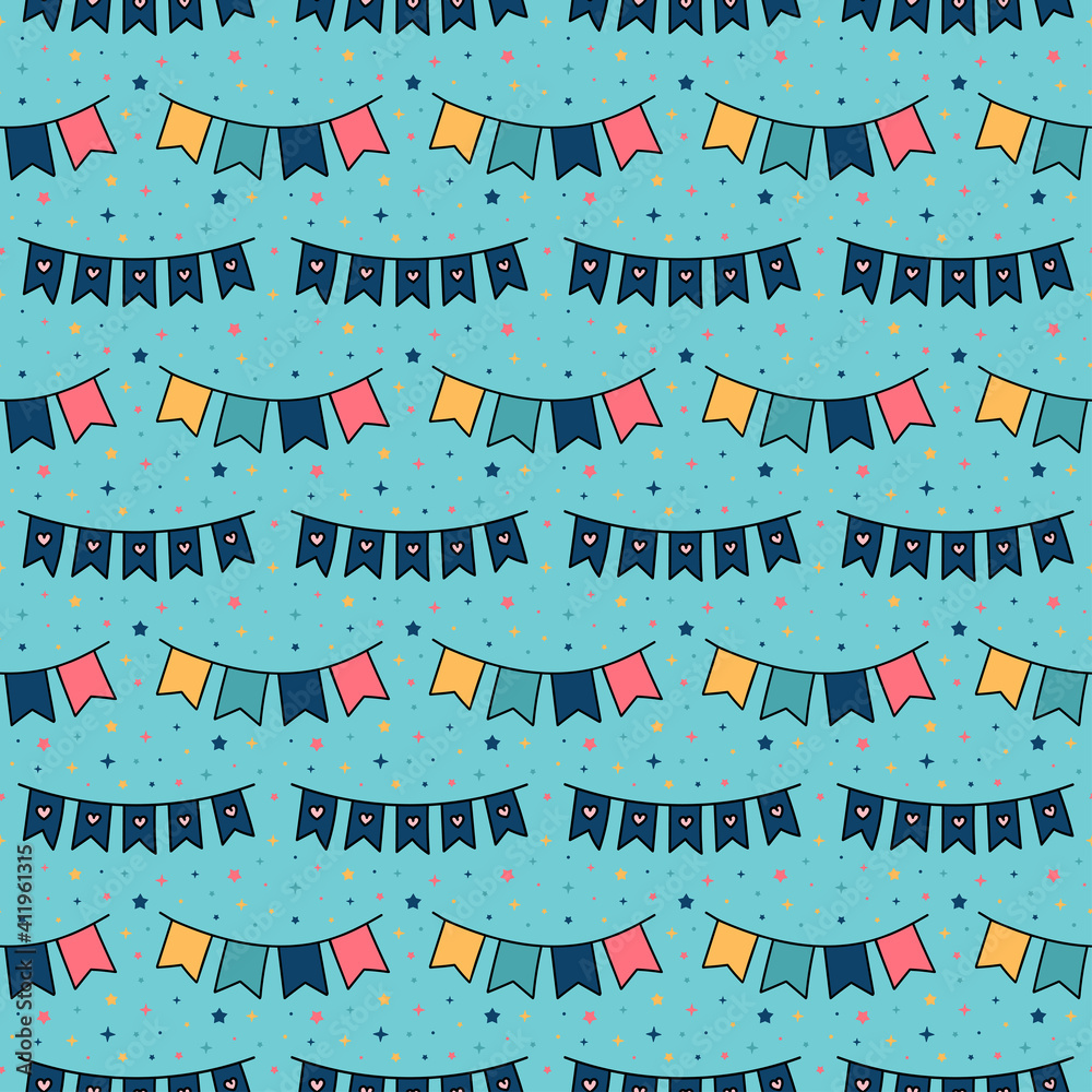 Obraz premium Vector Cartoon Bunting Seamless Pattern. Festival Flag Garlands and star confetti. Birthday, Christmas Holiday Party Decoration. Background for design scrapbooking, wrapping paper, card, textile