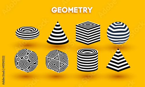 Yellow background optical illusion shapes vector set. Pyramid striped. Cylinder and Cube optical abstract black and white lines design. Circle geometric round shapes.