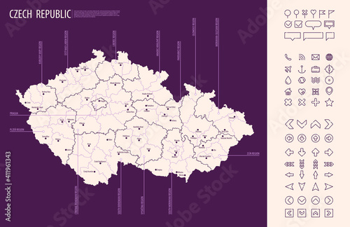 Detailed map of Czech Republic with administrative divisions on dark background, country big cities and icons set, vector illustration