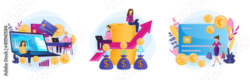 Set of banking investments, online bank, interest on a deposit card, investment growth. Happy people get income.