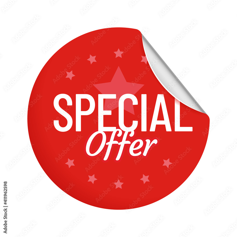 Special offer round adhesive badge with curved corner. Red circle sticker with metallic curly angle. Label for business trading, promotion isolated on white element vector illustration Special offer round adhesive badge with curved corner. Red circle sticker with metallic curly angle. Label for business trading, promotion isolated on white element vector illustration