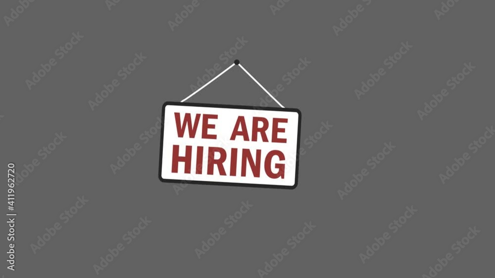 Animated 'We are hiring' board appears from bottom and hanging on transparent background. We're hiring sign on ropes with alpha channel.
