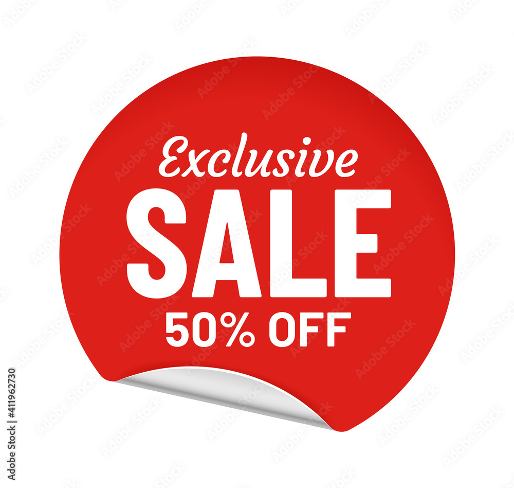 Exclusive sale 50 percent off, round sticker with message. Shopping offer for customer. Best pricing red badge for commerce and trading. Curly metallic corner om emblem vector illustration Exclusive sale 50 percent off, round sticker with message. Shopping offer for customer. Best pricing red badge for commerce and trading. Curly metallic corner om emblem vector illustration
