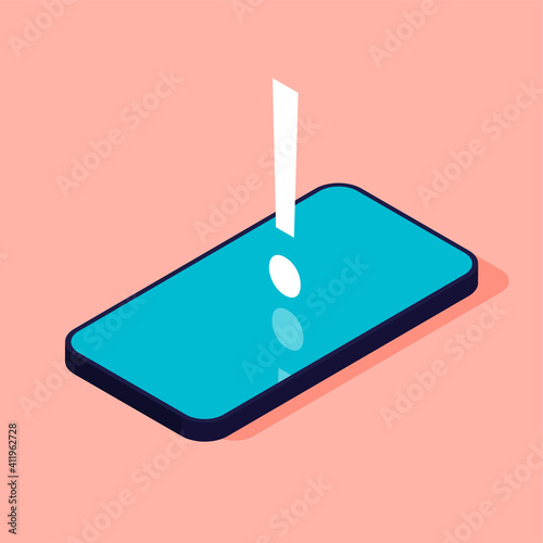 Mobile phone screen with a warning about spam, secure connection, fraud, virus. Phone alarm notice and new message. Isometrics smartphone with speech bubble and exclamation point icon. Vector.