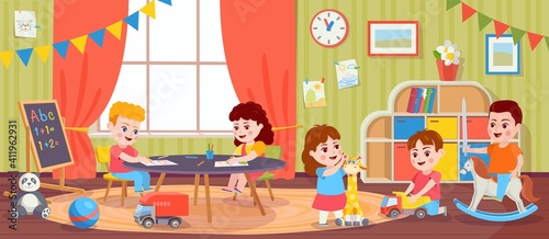 Children playing in room. Kids activity in kindergarten. Cartoon preschool boys and girls play toys and draw. Vector playroom with toddlers. Female and male characters having entertainment