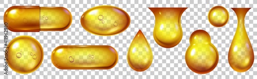 Oil capsule. Realistic vitamin golden gel pills with omega 3 fish or argan oils. Bubbles and drops with collagen. Health capsules vector set. Honey or organic cosmetics oil extract
