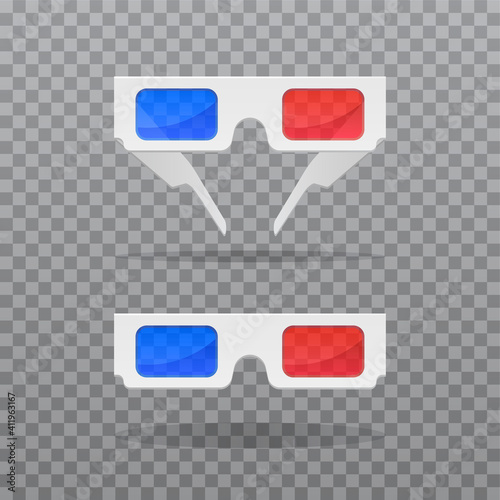 Realistic 3D glasses in two position. Chromatic aberration. Vector illustration for movie poster or banner isolated on transparent background.