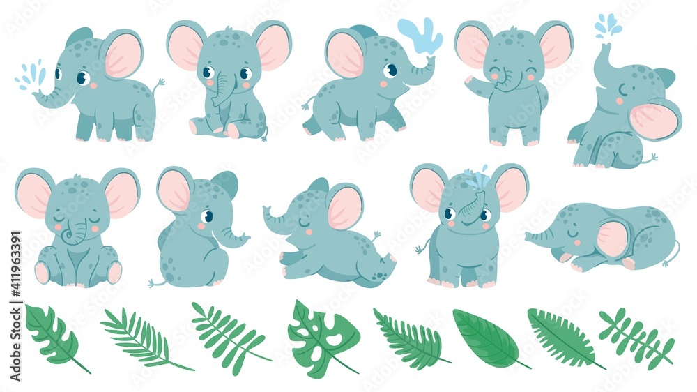Obraz premium Baby elephants. Cute cartoon animal and tropical leaves. Baby shower elephant sleeps, sits and does water jet. Nursery decoration vector set for birthday invitation and greeting card