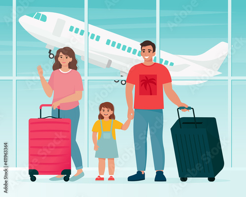 Family traveling at the airport with suitcases. Time to travel concept. Vector illustration in flat style