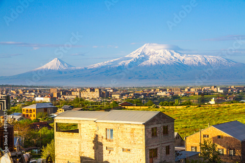 Mount Ararat (Turkey) at 5,137 m viewed from Yerevan, Armenia. This snow-capped dormant compound volcano consists of two major volcanic cones described in the Bible as the resting place of Noah's Ark. © whatafoto