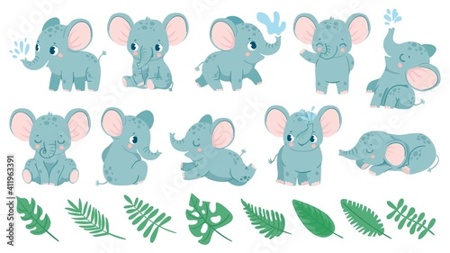 Baby elephants. Cute cartoon animal and tropical leaves. Baby shower elephant sleeps, sits and does water jet. Nursery decoration vector set for birthday invitation and greeting card