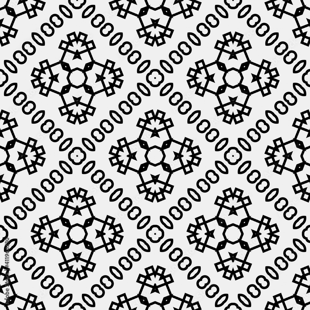 Raster geometric ornament. Black and white seamless pattern with star shapes, squares, diamonds, grid, floral silhouettes. Simple monochrome ornamental background. Repeat design for decor, print
Raster geometric ornament. Black and white seamless pattern with star shapes, squares, diamonds, grid, floral silhouettes. Simple monochrome ornamental background. Repeat design for decor, print
