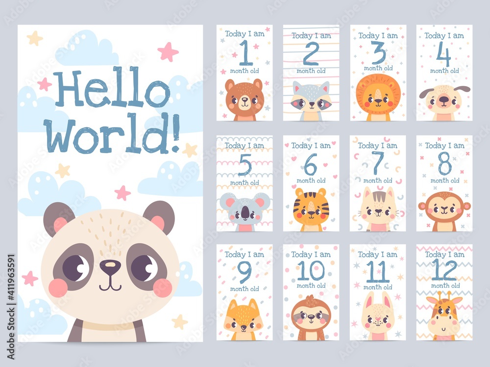 Fototapeta premium Baby month cards with animals. Monthly milestone stickers for newborn scrapbook. Kids age tags with sloth, lion, giraffe and fox vector set. Celebrating child growth with adorable characters