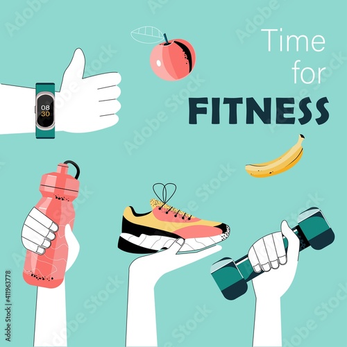 Sport exercise web banner. Time to fitness concept. Idea of active and healthy lifestyle. Hands holding training equipment.