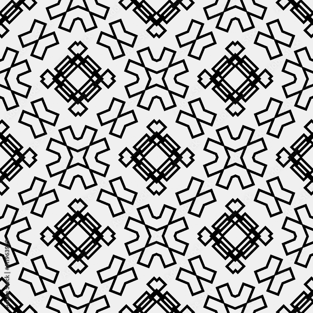 

Raster geometric ornament. Black and white seamless pattern with star shapes, squares, diamonds, grid, floral silhouettes. Simple monochrome ornamental background. Repeat design for decor, print