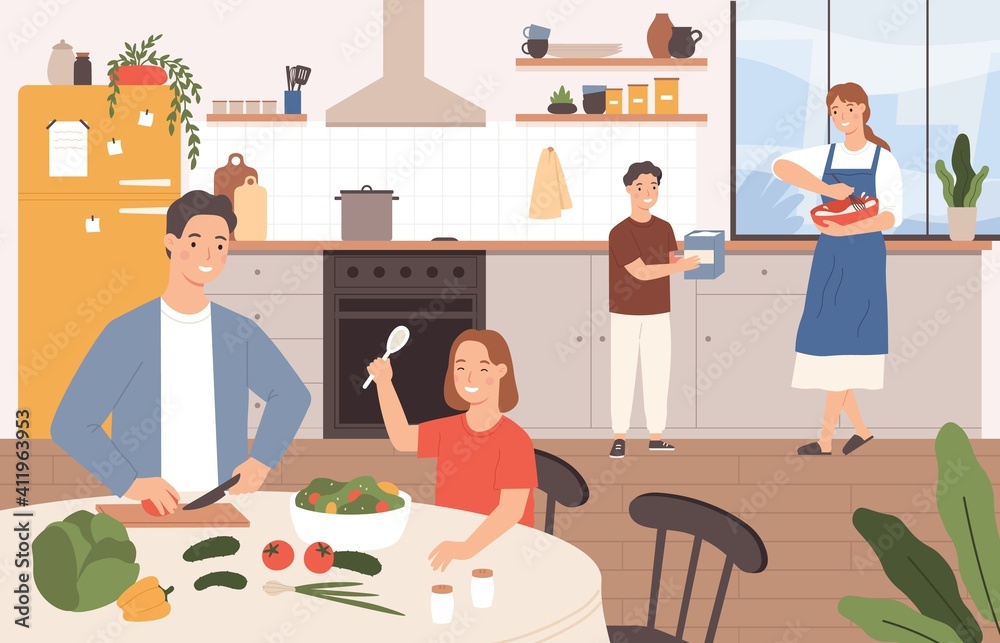 Family cooking together. Happy parents and children baking in kitchen. Son helps mother cook. Family with kids preparing food vector concept. Father cutting salad, daughter at table Family cooking together. Happy parents and children baking in kitchen. Son helps mother cook. Family with kids preparing food vector concept. Father cutting salad, daughter at table