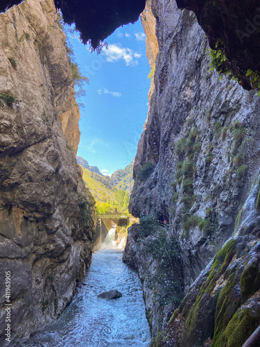 The Caín Hydro-electric dam on the River Cares. The Cares Route, placed in the very heart of Picos de Europa National Park, also known as “La Garganta Divina” (The Divine Gorge).