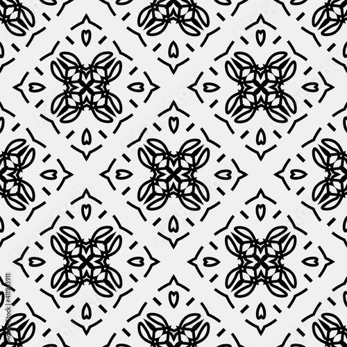   Raster geometric ornament. Black and white seamless pattern with star shapes  squares  diamonds  grid  floral silhouettes. Simple monochrome ornamental background. Repeat design for decor  print