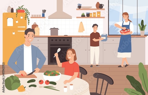 Family cooking together. Happy parents and children baking in kitchen. Son helps mother cook. Family with kids preparing food vector concept. Father cutting salad, daughter at table
