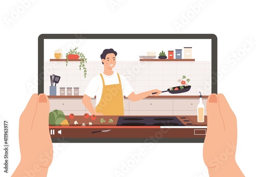 Cooking video. Hands holding tablet with culinary broadcast, show or online lesson. Chef preparing food in kitchen interior vector concept. Man character in apron frying vegetables on pan