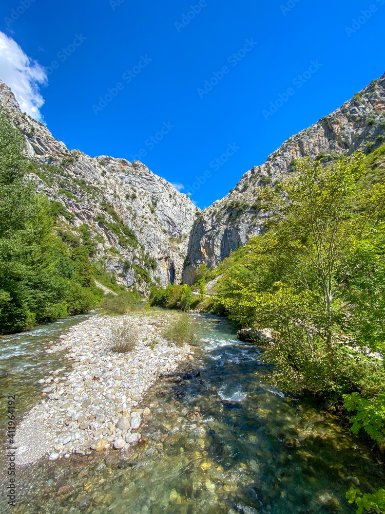 The Cares river near Caín village (León), the route of the Cares Canyon, Picos de Europa National Park, between Asturias and Leon provinces, Spain. The Cares river near Caín village (León), the route of the Cares Canyon, Picos de Europa National Park, between Asturias and Leon provinces, Spain.