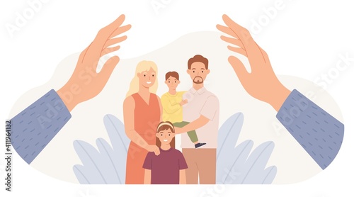 Family protection. Hands protect parents and children. Father, mother, daughter and son safe. Family health care and support vector concept. Kids and wife with husband hugging together