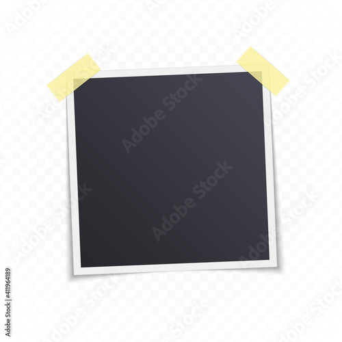 Blank photo frames with shadow effects isolated on transparent background. Vintage photos frame with sticky tape for your picture. Vector illustration in realistic style. EPS 10.