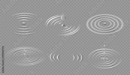 Drops and ripples. Circular wave on water surface. Falling dripping droplet and concentric circle splash in puddle. Liquid ripple vector set side view. Spiral movement of fluid isolated on transparent photo