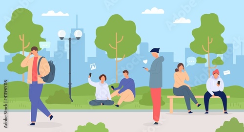 People with phones in city. Men and women in park using gadgets. Crowd in town nature. Characters with mobile technology vector flat concept. Freelancers with smartphones outside on fresh air