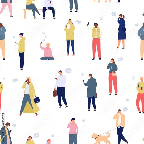 Crowd with phones seamless pattern. Walking people using smartphones and gadgets. Mobile lifestyle and communication cartoon vector concept. Man and woman with devices addiction, online life