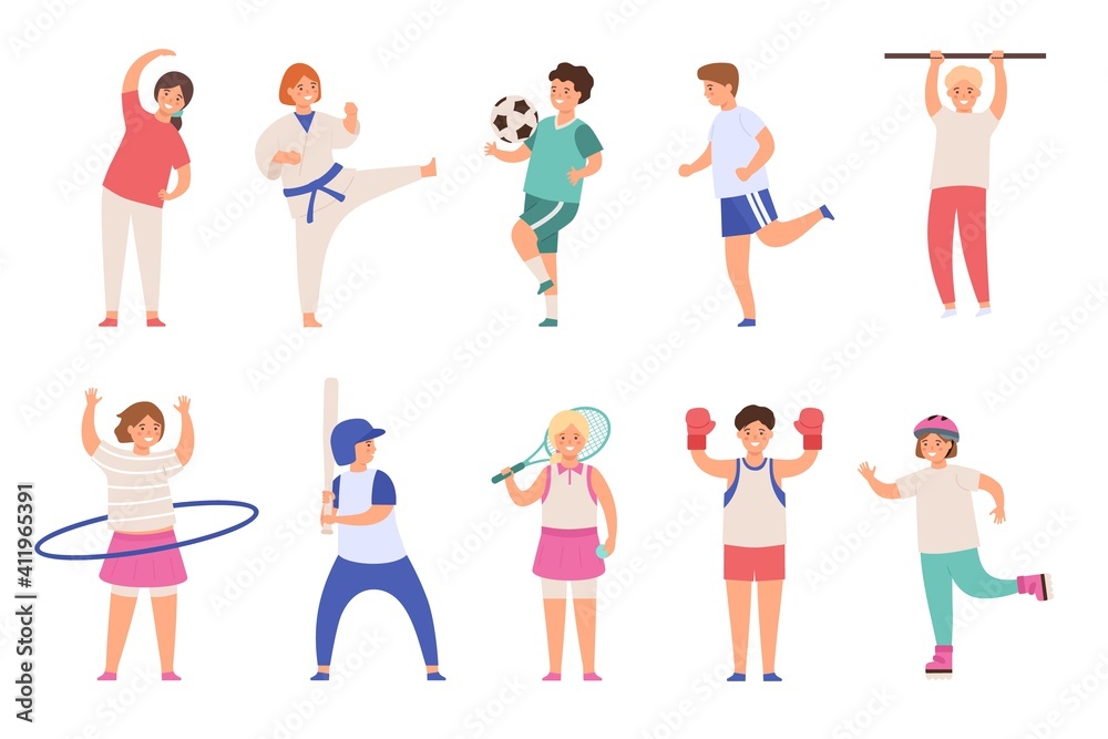 Sport kids. Children play football and tennis, doing exercise and karate, run and boxing. Boys and girls physical activities flat vector set. Teenagers in uniform and with equipment