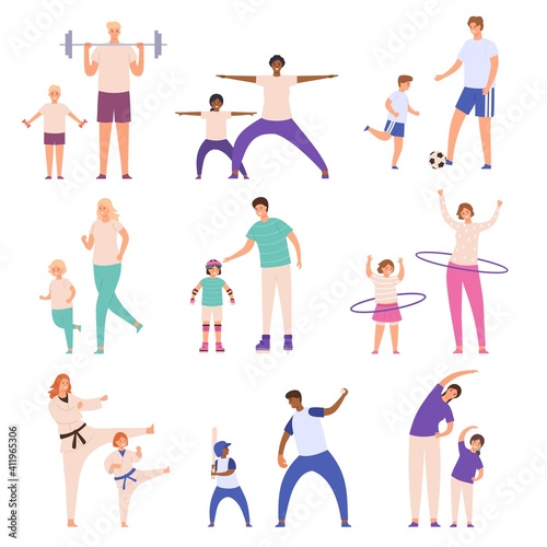 Parents and children doing sport. Father and son play football, mother and daughter do fitness exercise. Family physical activity vector set. Active and healthy lifestyle, leisure time