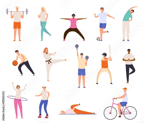 Sport people. Men and women exercise  workout  doing yoga and fitness  run and playing basketball. Healthy lifestyle characters vector set. Riding bicycle  playing baseball and football