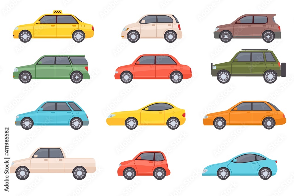 Flat cars. Cartoon vehicle side view. Taxi, minivan, mini car, suv and pickup truck. City auto transport icons. Automobile design vector set. City transportation objects isolated on white