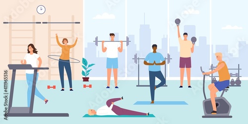 People in gym. Man and woman on training apparatus, exercise bike and treadmill. Fitness workout and indoor sport room flat vector concept. Male characters with barbells and kettlebells