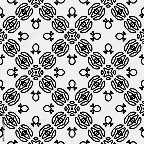 Raster geometric ornament. Black and white seamless pattern with star shapes  squares  diamonds  grid  floral silhouettes. Simple monochrome ornamental background. Repeat design for decor  print