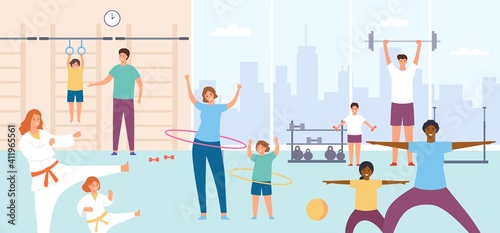 Parents and kids in gym. Families do exercise. Sport lesson or physical training for children. Karate, fitness and gymnastics vector concept. People with barbell, hula hoops, active lifestyle