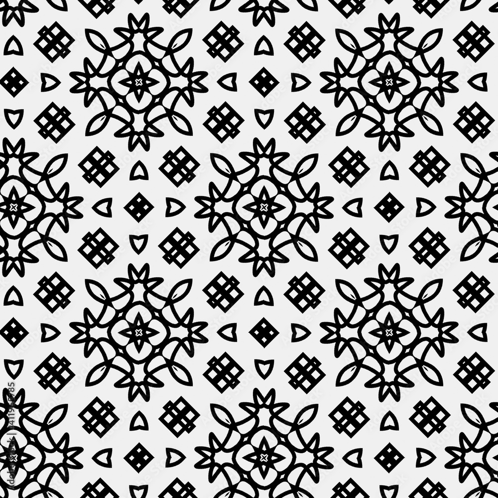 Raster geometric ornament. Black and white seamless pattern with star shapes, squares, diamonds, grid, floral silhouettes. Simple monochrome ornamental background. Repeat design for decor, print Raster geometric ornament. Black and white seamless pattern with star shapes, squares, diamonds, grid, floral silhouettes. Simple monochrome ornamental background. Repeat design for decor, print