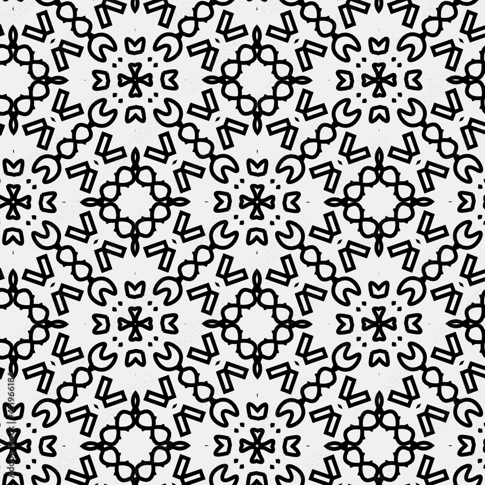 Raster geometric ornament. Black and white seamless pattern with star shapes, squares, diamonds, grid, floral silhouettes. Simple monochrome ornamental background. Repeat design for decor, print