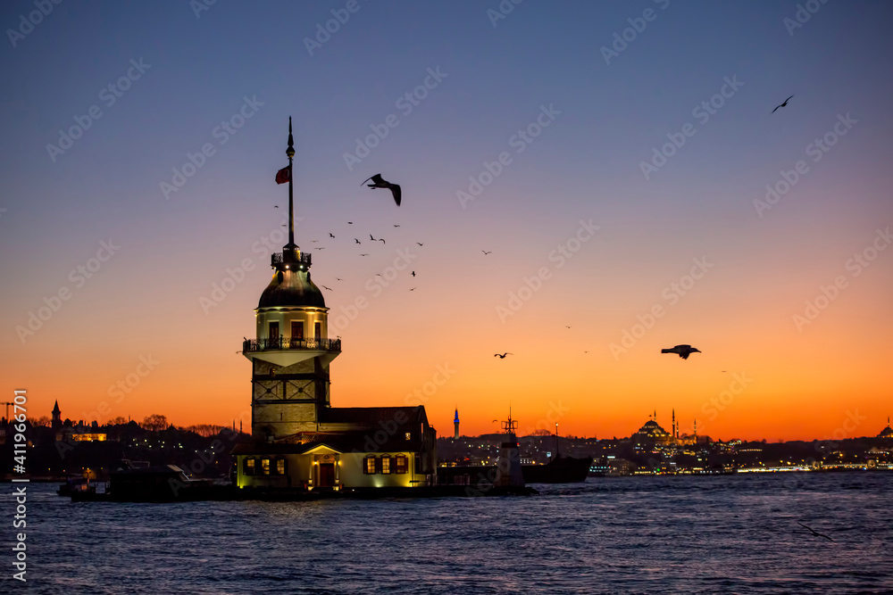 Maiden Tower (Kiz Kulesi) sunset landscape, Istanbul - Turkey