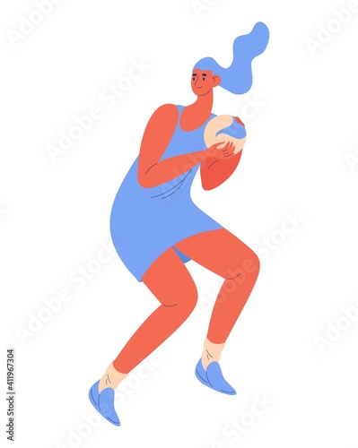 Young woman with ball in hands playing netball. Sporty character isolated on white on uniform dress and sneakers