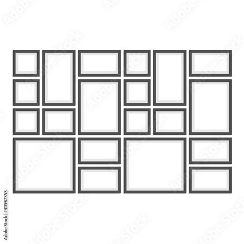 Collection of black frames. Wooden square picture frames of dark set for your web design. Abstract black picture frames on white background. Vector set of frames photo or text on the wall.