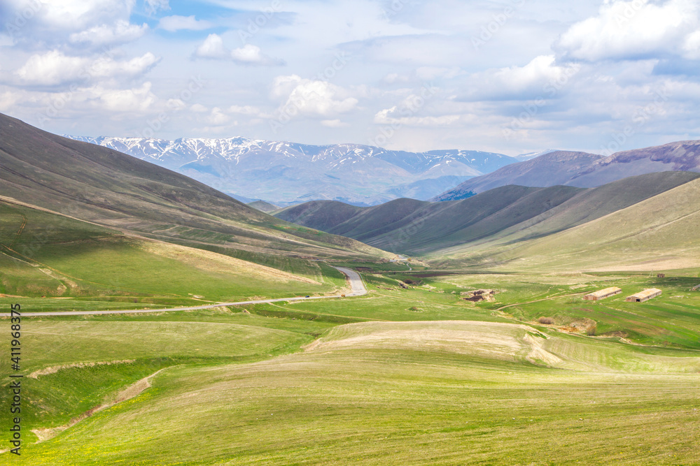 Beautiful green grassland hills countryside in Armenia.