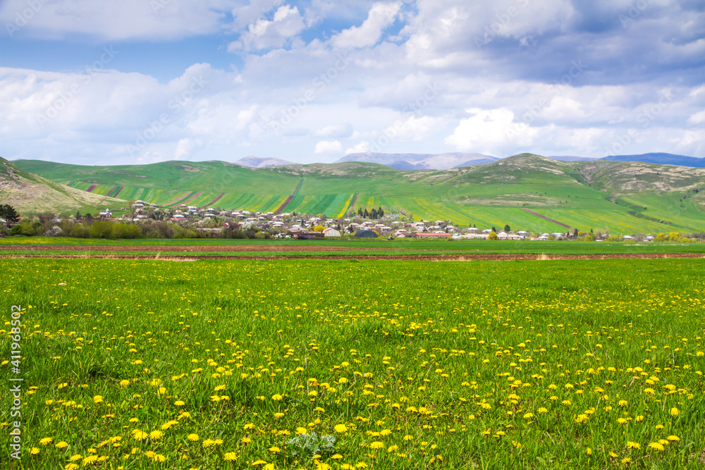 Beautiful green grassland hills countryside in Armenia.