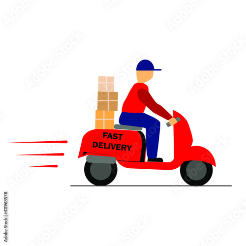A man in a blue sweater carries out a fast delivery of goods on a red motorcycle.