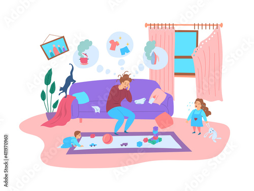 Cartoon Color Character Person Tired Mother Concept. Vector